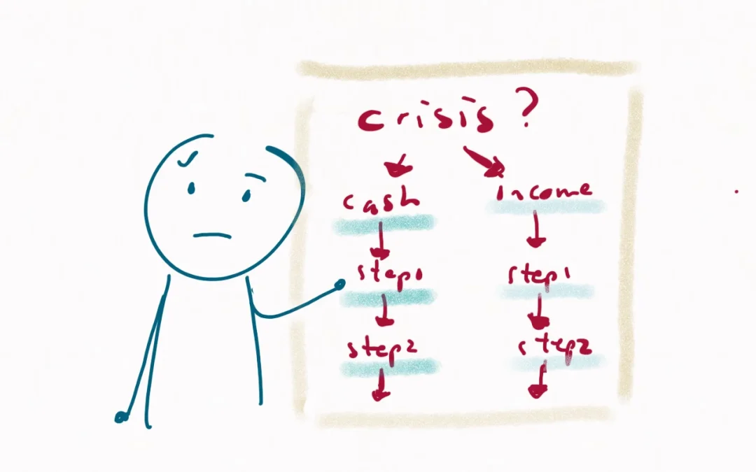 We see a worried person, looking quizzical and not so energetic. With one hand they are pointing at a flow diagram. It says: Crisis? and then has two choices: cash or income. From each choice a new step follows.