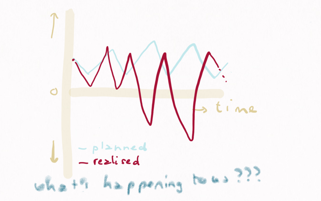 We see a graph with two lines: a light blue line for planned values (numbers, money, not specified) and a red line for realised. The red line is very different from the light blue one: much lower lows, below the zero line. Below the graph there is a question: what's happening to us????