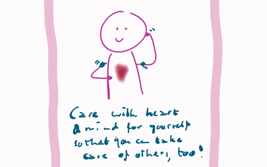 We see a person flexing their biceps, with one hand holding their heart and with the other, holding their head. The caption reads: Care with heart & mind for yourself so that you can take care of others, too. Because self-care in your nonprofit is important.