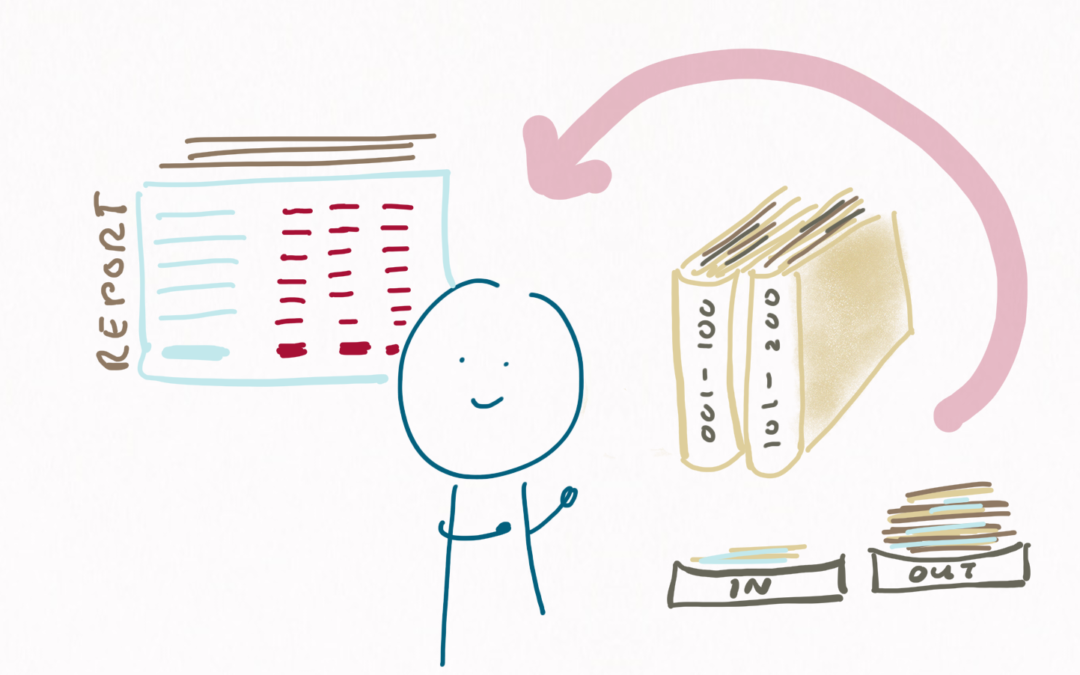 We see a happy person pointing at in- and out trays, with the out tray being fuller. There are also folders with documents, well organised. An arrow points from there to a financial report. Probably this is a bookkeeper looking at the impact of their work in their nonprofit.