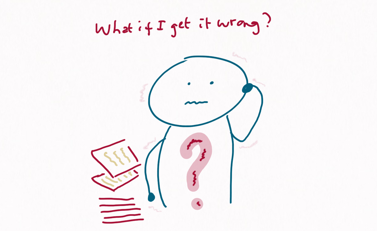 behind every hard conversation is a hard decision We see a person with a red question mark on their chest, they're a bit shaking. There is a pile of papers next to them and they hold one hand to their head. The caption says? What if I get it wrong?