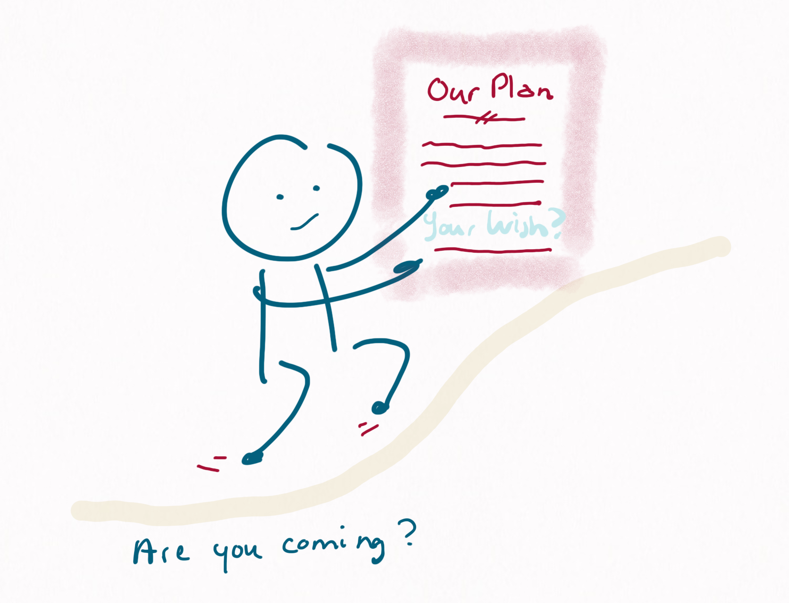 We see a person walking up a low hill, pointing happily at a big notice board that says: "Our plan" at the top and "Your wish?" at the bottom. The caption reads "Are you coming?"