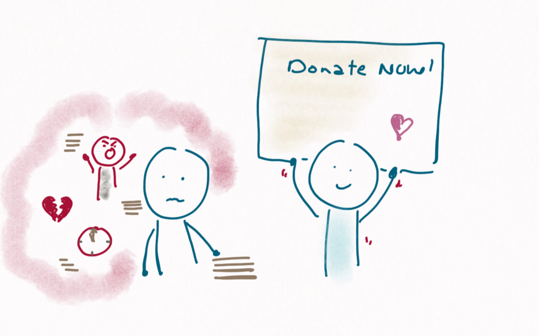 We see a person shrouded in a red cloud with an image of a broken heart, a ticking clock, paperwork and a screaming person in it. They look very sad and stressed. They are approached by a very happy bouncy person holding a big banner saying: donate NOW!