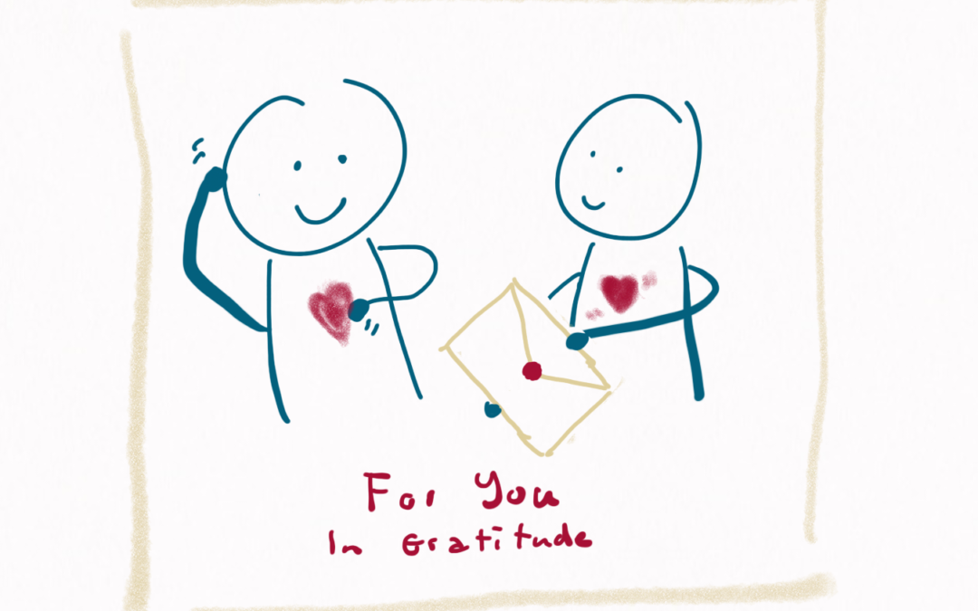 We see a person grabbing their head and nodding in delighted surprise, holding their heart with their other hand, while another person is offering them a sealed envelope. The caption reads: For you - in gratitude.