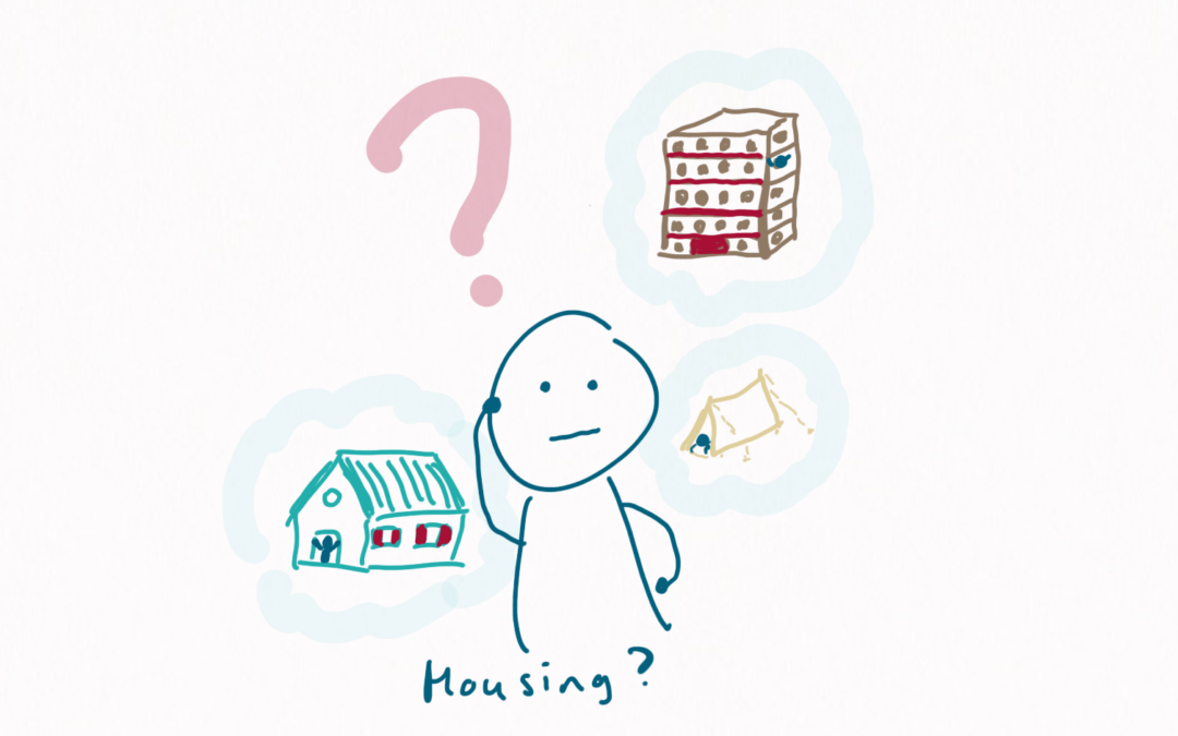 We see a person thinking about different housing: a country house, a tent and an apartment building. With a big question mark. The caption reads: Housing?