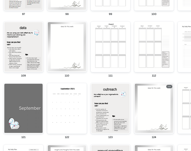 We see a screenshot of a Canva file of a black & white planner for nonprofit management Q3 2023, one of the set of planners for nonprofit executive directors, managers, founders and leaders.