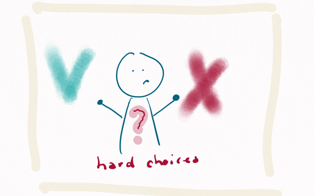 We see a person standing between a green check mark and a red cross mark. They have a question mark in their chest and the caption reads: hard choices