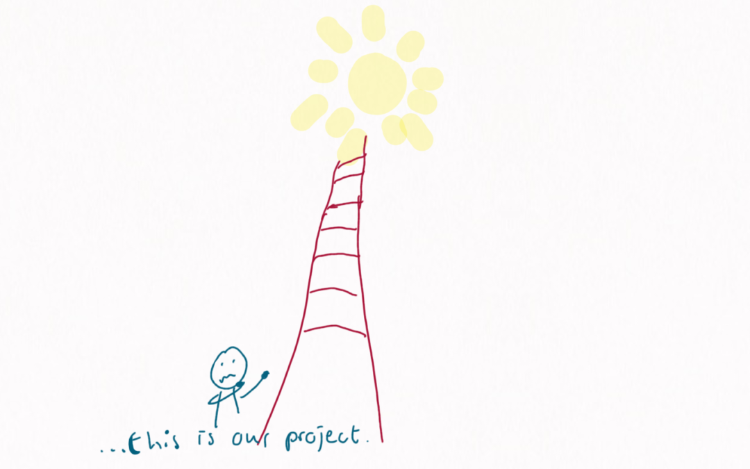 We see a ladder, with uneven steps, spaced out widely and reaching very high to where a sun is shining happily. At the bottom, someone is sitting (or standing, we cannot see), looking very panicky, saying: this is our project
