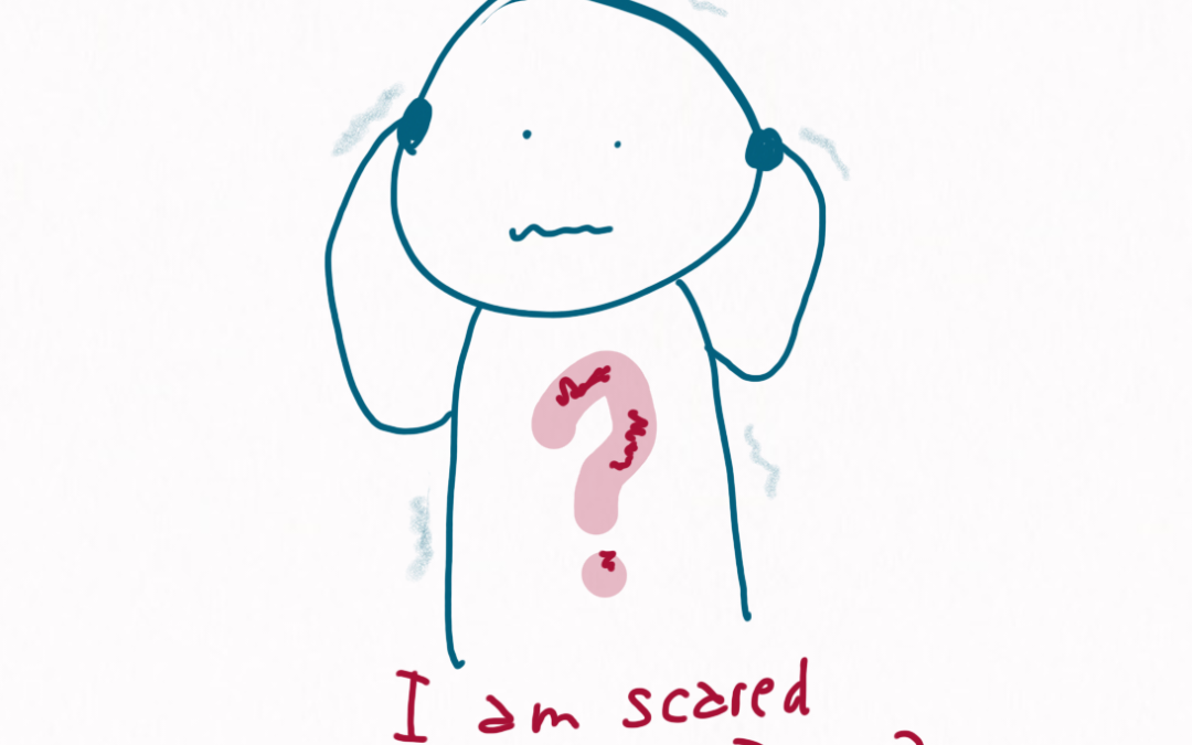 We see a person with a big question mark on their chest, holding their hands to their head, shaking as it were. They say: I am scared. What should I say?