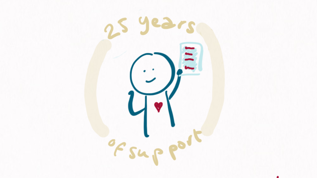 we see a happy donor with a letter thanking them for 25 years of support